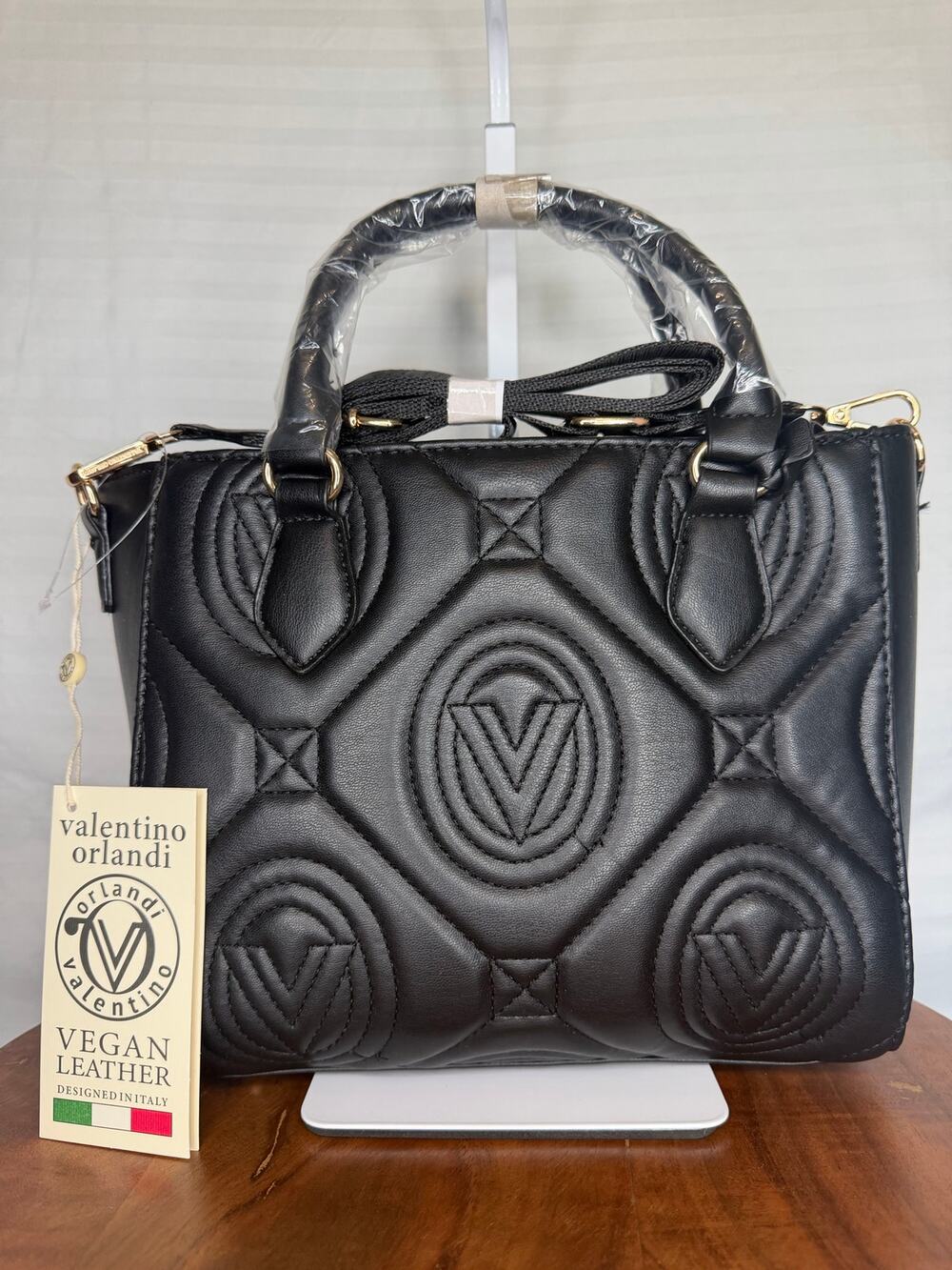NWT Valentino Orlandi Mini Kayla Quilted Tote Black Vegan Leather MSRP $299